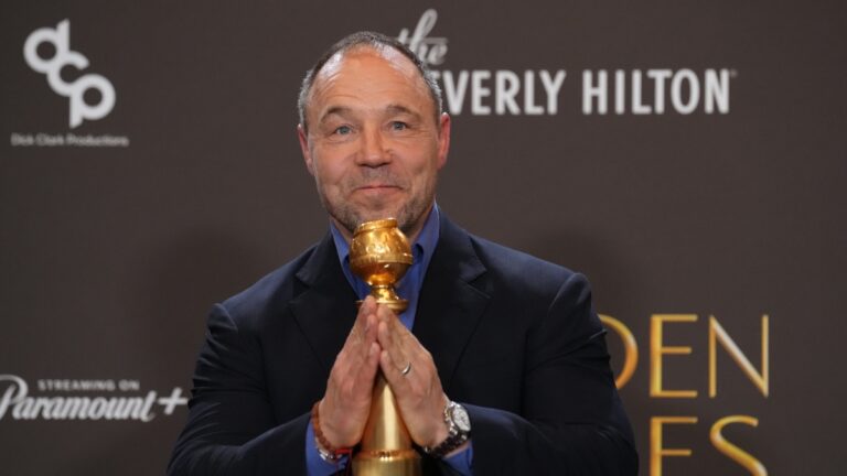 Stephen Graham poses in the press room with the award for best performance by a male actor in a limited series, anthology series, or a motion picture made for television for "Adolescence" during the 83rd Golden Globes on Sunday, Jan. 11, 2026, at the Beverly Hilton in Beverly Hills, Calif.