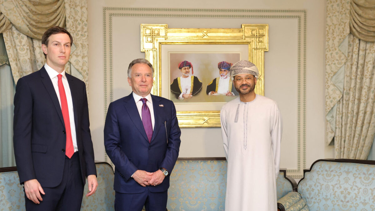 Jared Kushner and U.S. Special Envoy Steve Witkoff meet with Omani Foreign Minister Sayyid Badr Albusaidi in Muscat, Oman, February 6, 2026. Omani Ministry of Foreign Affairs/Handout via REUTERS ATTENTION EDITORS - THIS PICTURE WAS PROVIDED BY A THIRD PARTY.