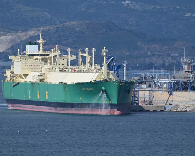 The tanker LNG LOKOJA, which departs from the Port of Bonny, Nigeria, unloads Nigerian LNG at the Revithoussa terminal near Athens, Greece, on February 22, 2026. Cargoes from Nigeria contribute to the diversification of European gas supplies and strengthen energy security in the post-Russian gas market. (Photo by Nicolas Koutsokostas/NurPhoto)NO USE FRANCE