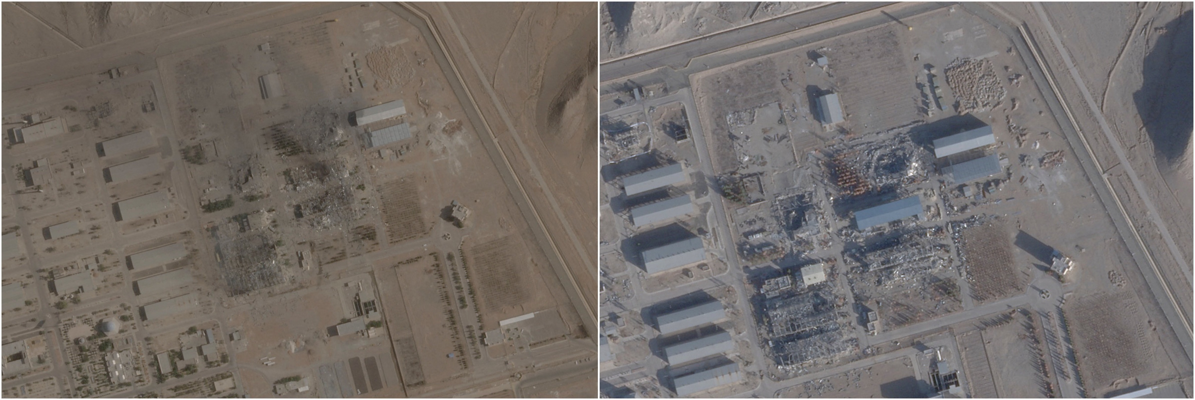 Συγκριτική ανάλυση δορυφορικών λήψεων των εγκαταστάσεων του Ισφαχάν στις 21 Ιουνίου 2025 (κάτω} και την 1η Φεβρουαρίου 2026 (πάνω)