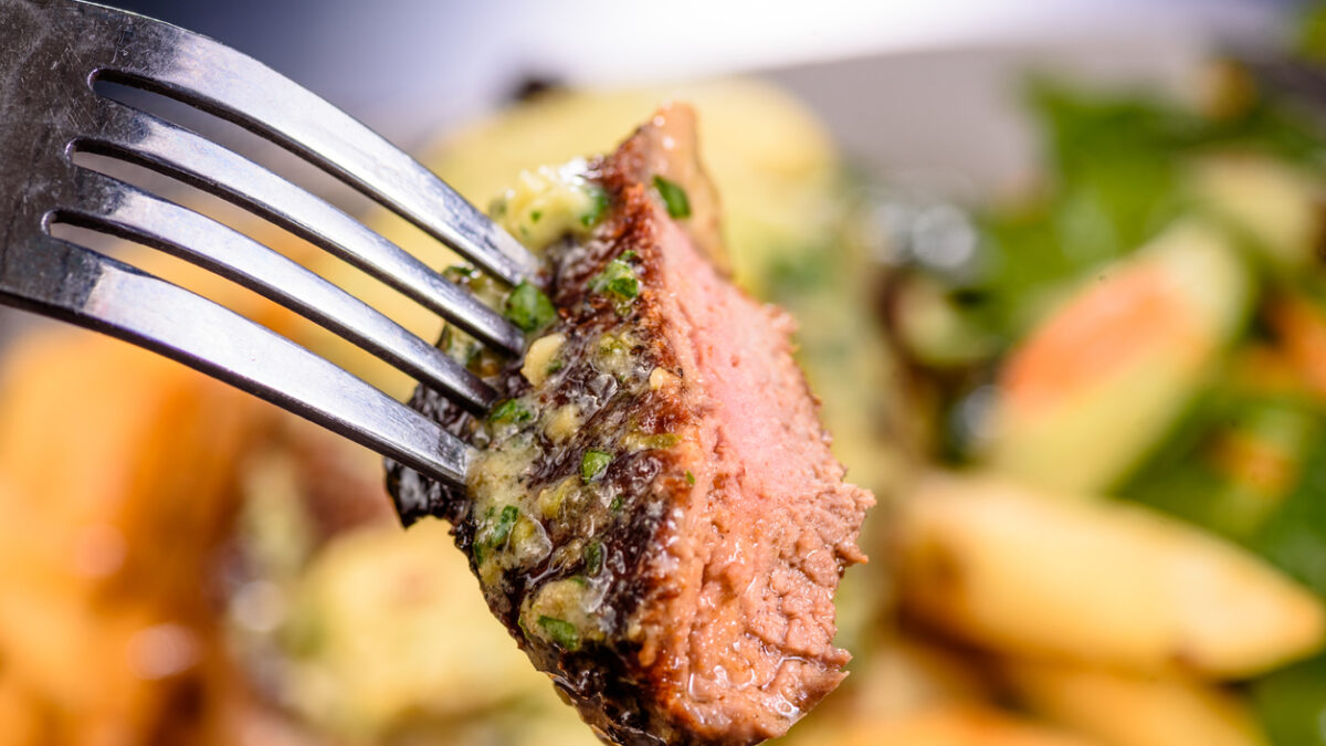 Traditional pub meal, steak and chips with salad.