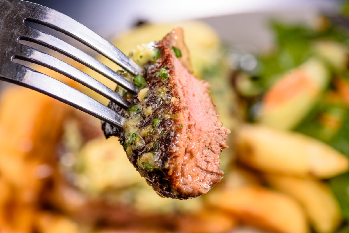 Traditional pub meal, steak and chips with salad.