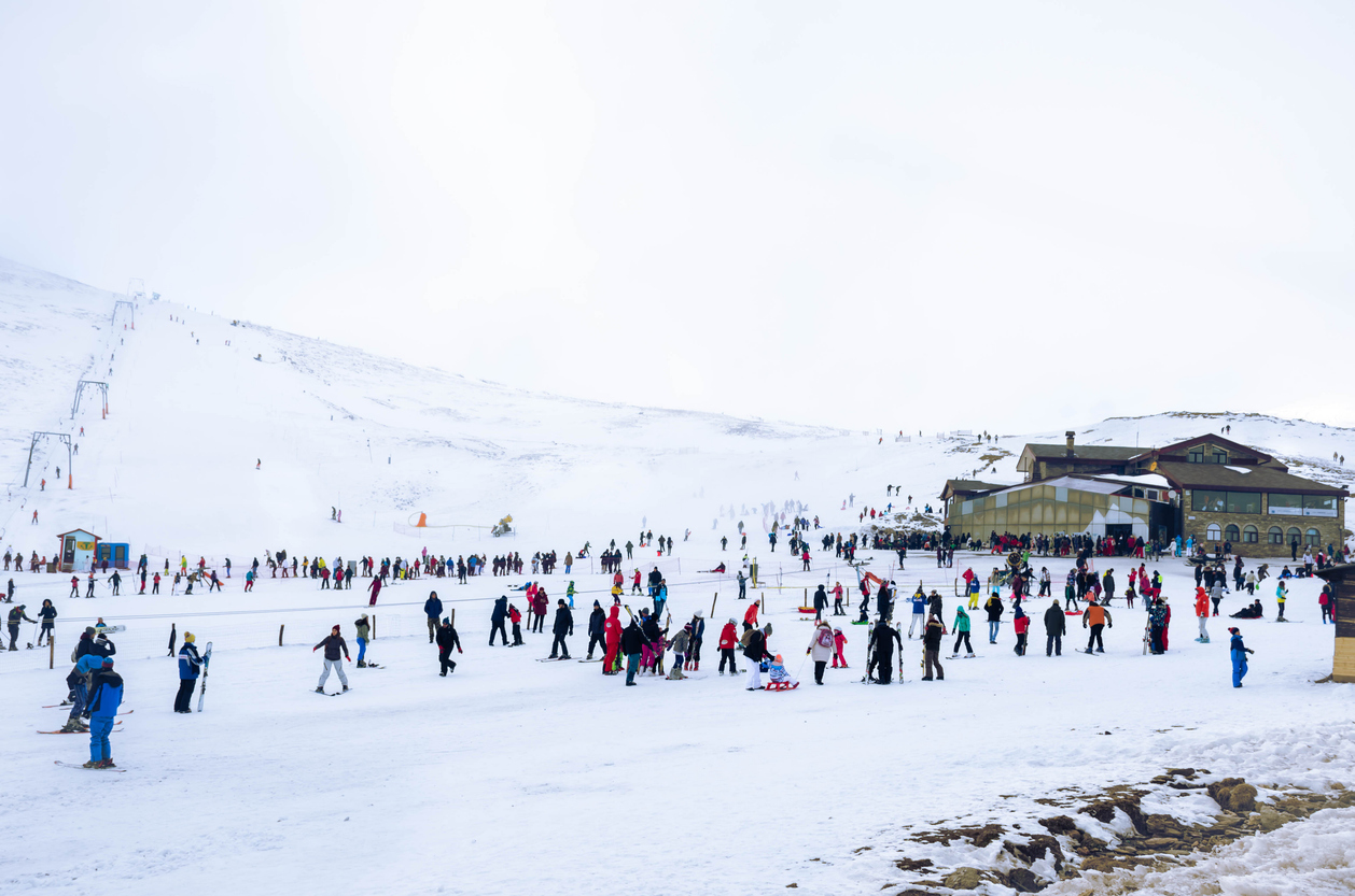Kaimaktsalan Greece, December 30 2018- Skiers enjoy the snow at one of the most famous ski center of Greece . Vergoritida lake in background.