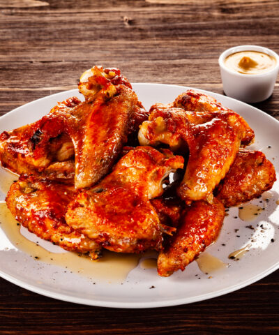 Chicken wings and vegetables on wooden table