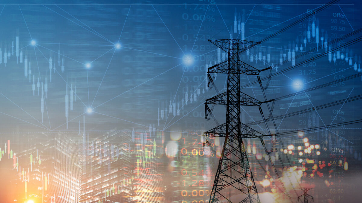 market stock graph and index information with city light and electricity and energy facility industry and business background