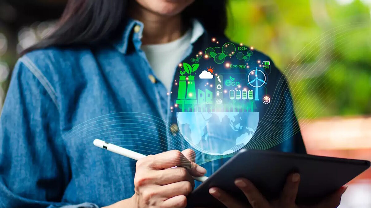 The pollution hand and effective management with netzero symbols - renewable energy, reduced CO2 emissions, green production, and waste recycling in business, net zero carbon