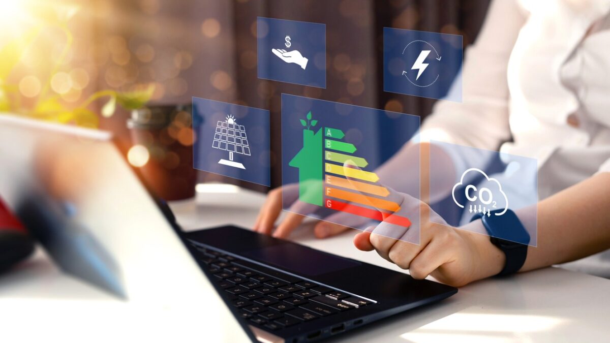 Efficiency energy rating concept. Sustainable development and eco house. Ecological house with low consumption on renovation with insulation