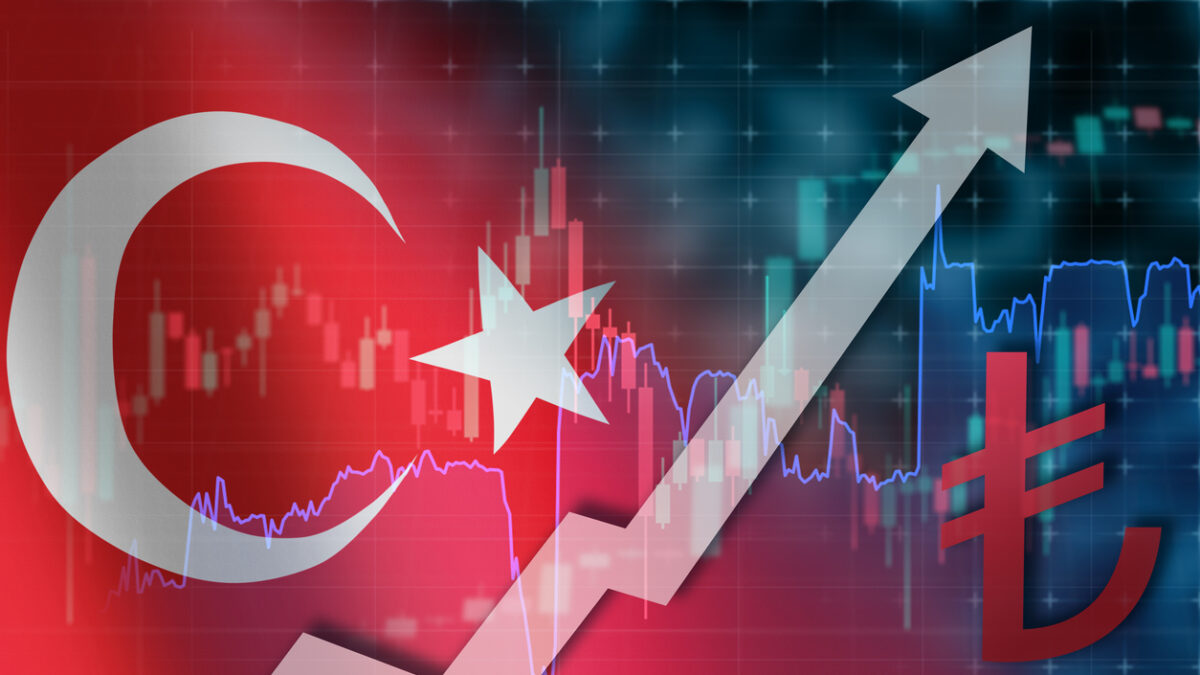 Turkey Lira fall. Turkish national currency logo. Economical crisis in Turkey. Growing up chart of Lira currensy exchange course. Falling down arrow.
