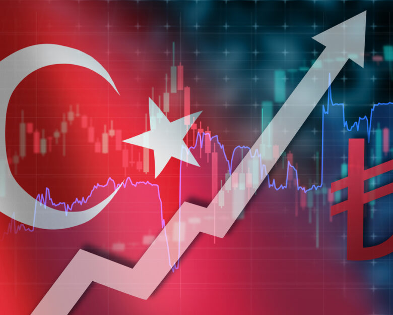 Turkey Lira fall. Turkish national currency logo. Economical crisis in Turkey. Growing up chart of Lira currensy exchange course. Falling down arrow.