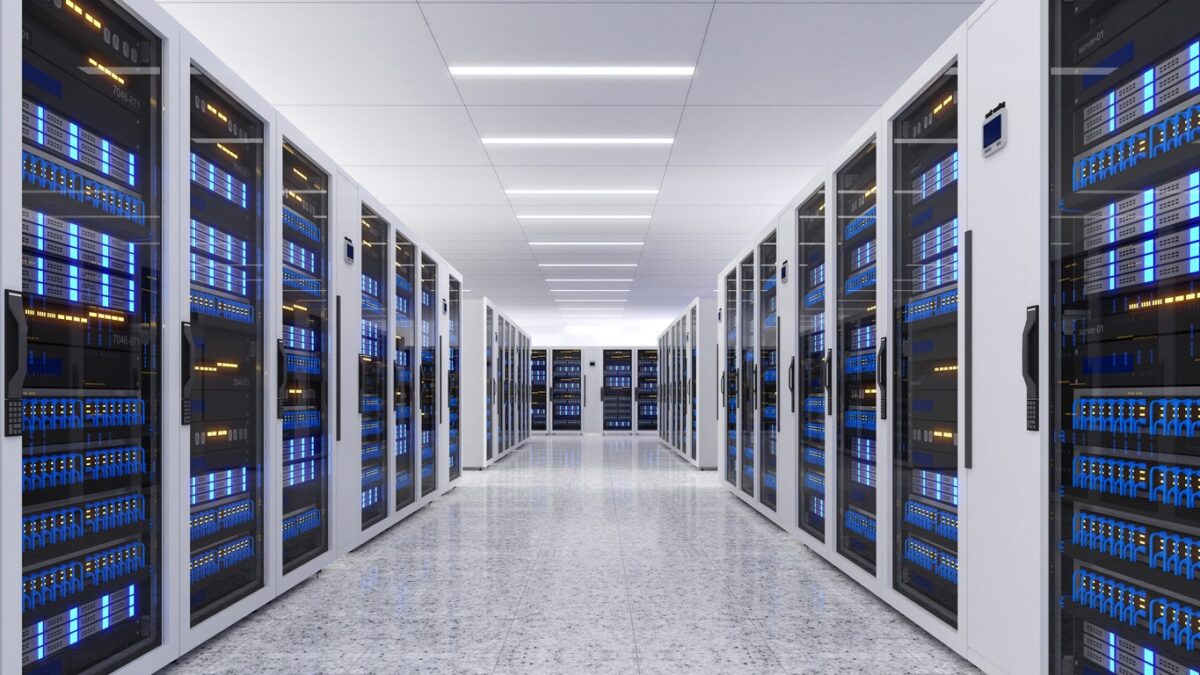 Shot of Data Center With Multiple Rows of Fully Operational Server Racks