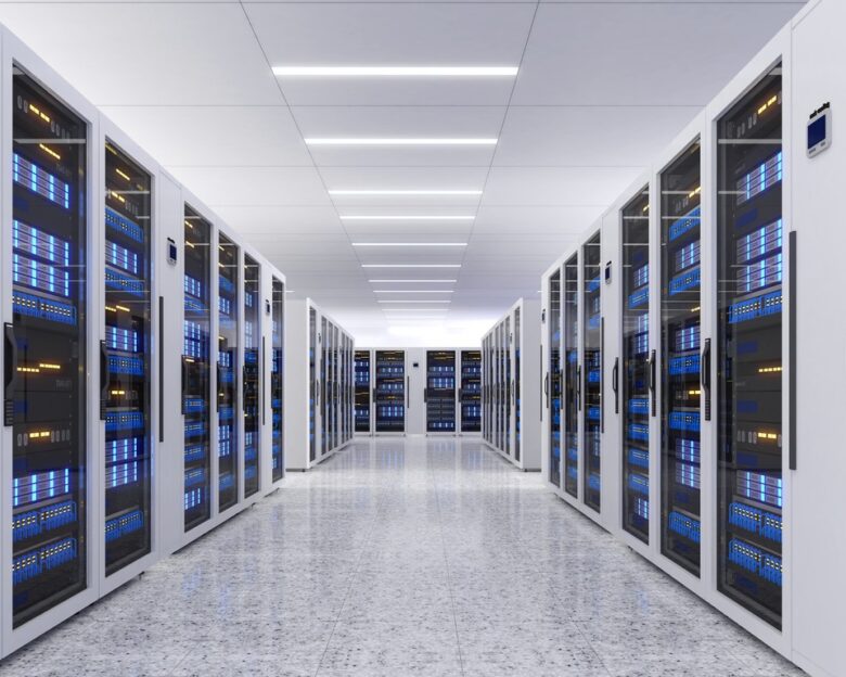 Shot of Data Center With Multiple Rows of Fully Operational Server Racks
