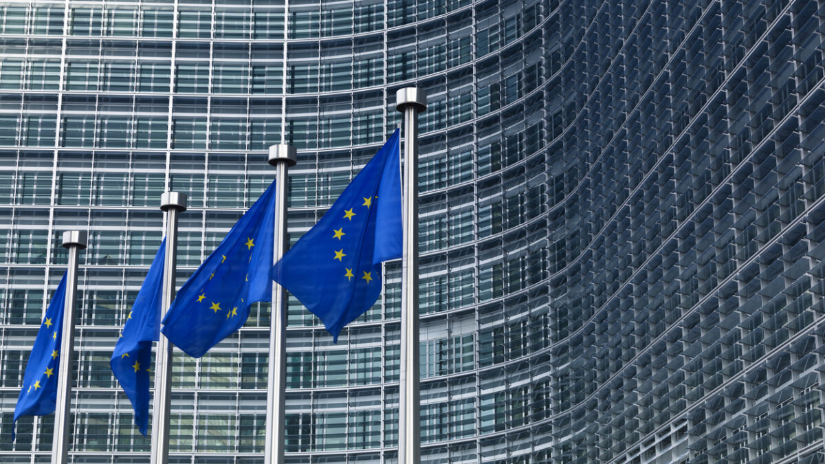 European flags in front of the European Commission building in Brussels, Belgium.
