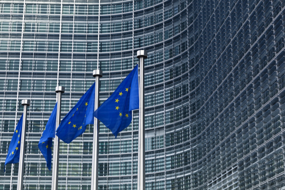 European flags in front of the European Commission building in Brussels, Belgium.