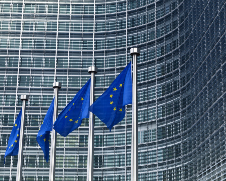 European flags in front of the European Commission building in Brussels, Belgium.