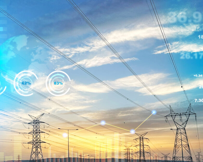 Global energy crisis concept. Energy prices rising. High voltage electric power lines with dramatic sky background. Analyzing data of power and energy prices. Financial and economic growth in energy costs