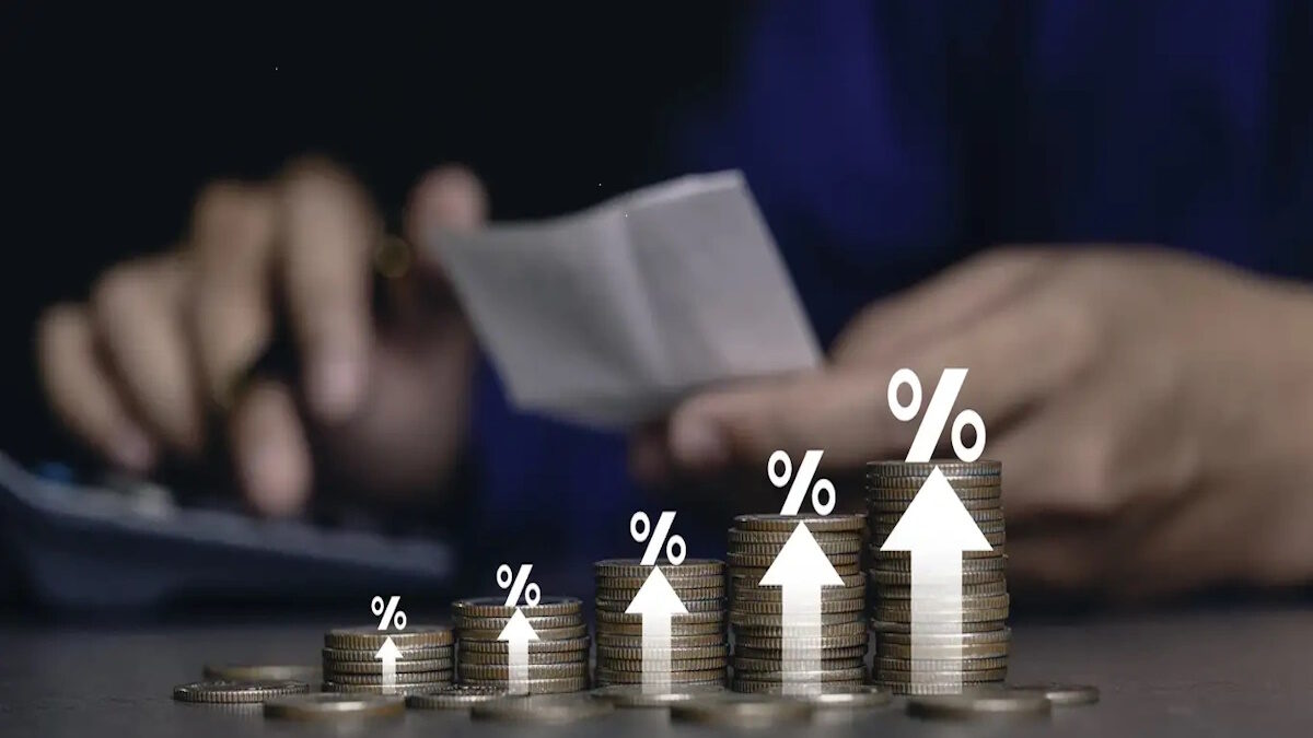 inflation Increased product sales growth basket growth, market or consumer price index concept shopping cart with food increase with arrow graph on the coin inflation VAT