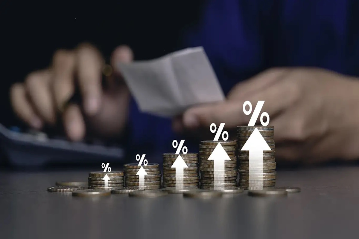 inflation Increased product sales growth basket growth, market or consumer price index concept shopping cart with food increase with arrow graph on the coin inflation VAT