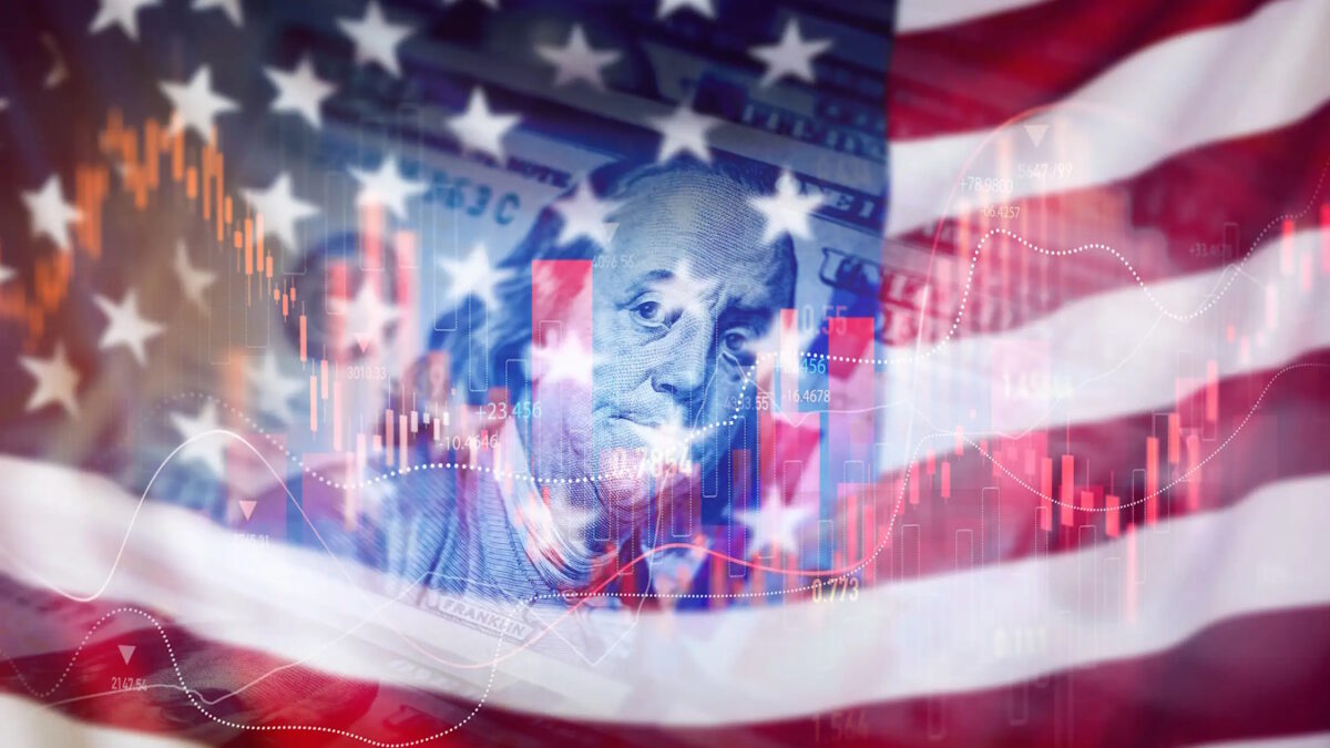 Trading graph with american flag is damage.Effect of recession US economy. Crisis in USA, rising inflation, devaluation of dollars and the economy