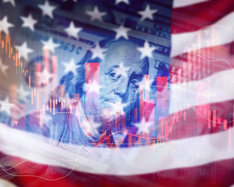 Trading graph with american flag is damage.Effect of recession US economy. Crisis in USA, rising inflation, devaluation of dollars and the economy