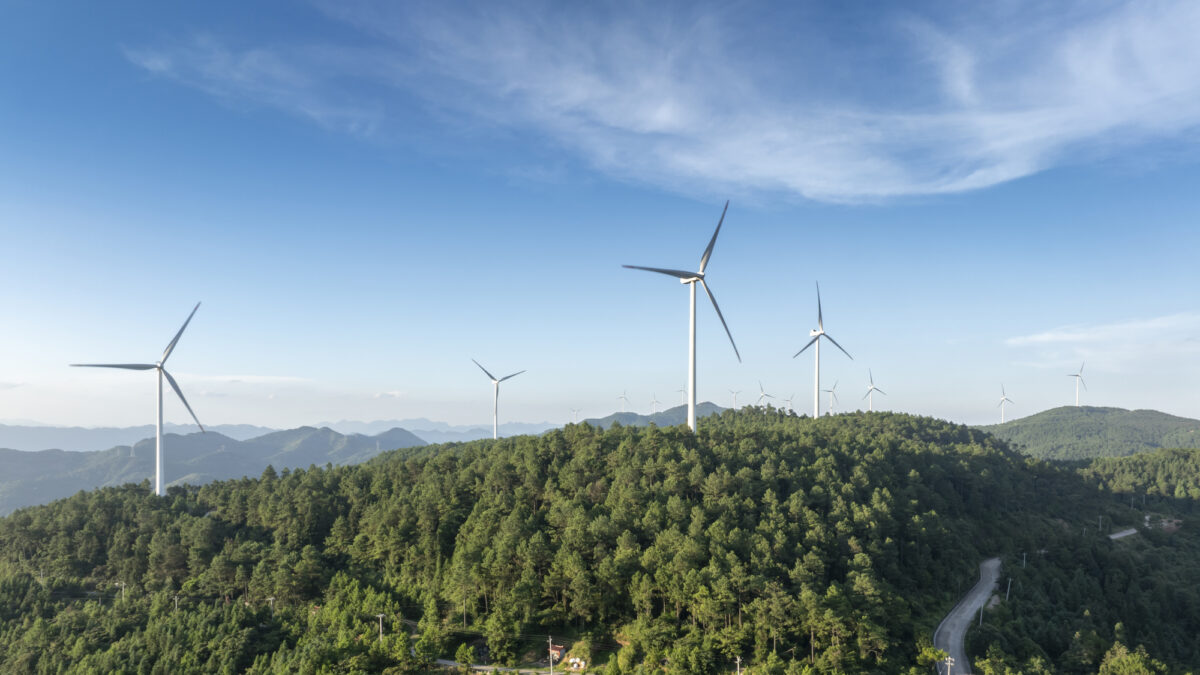Aerial view of a wind farm on a mountaintop in Fujian Province, China