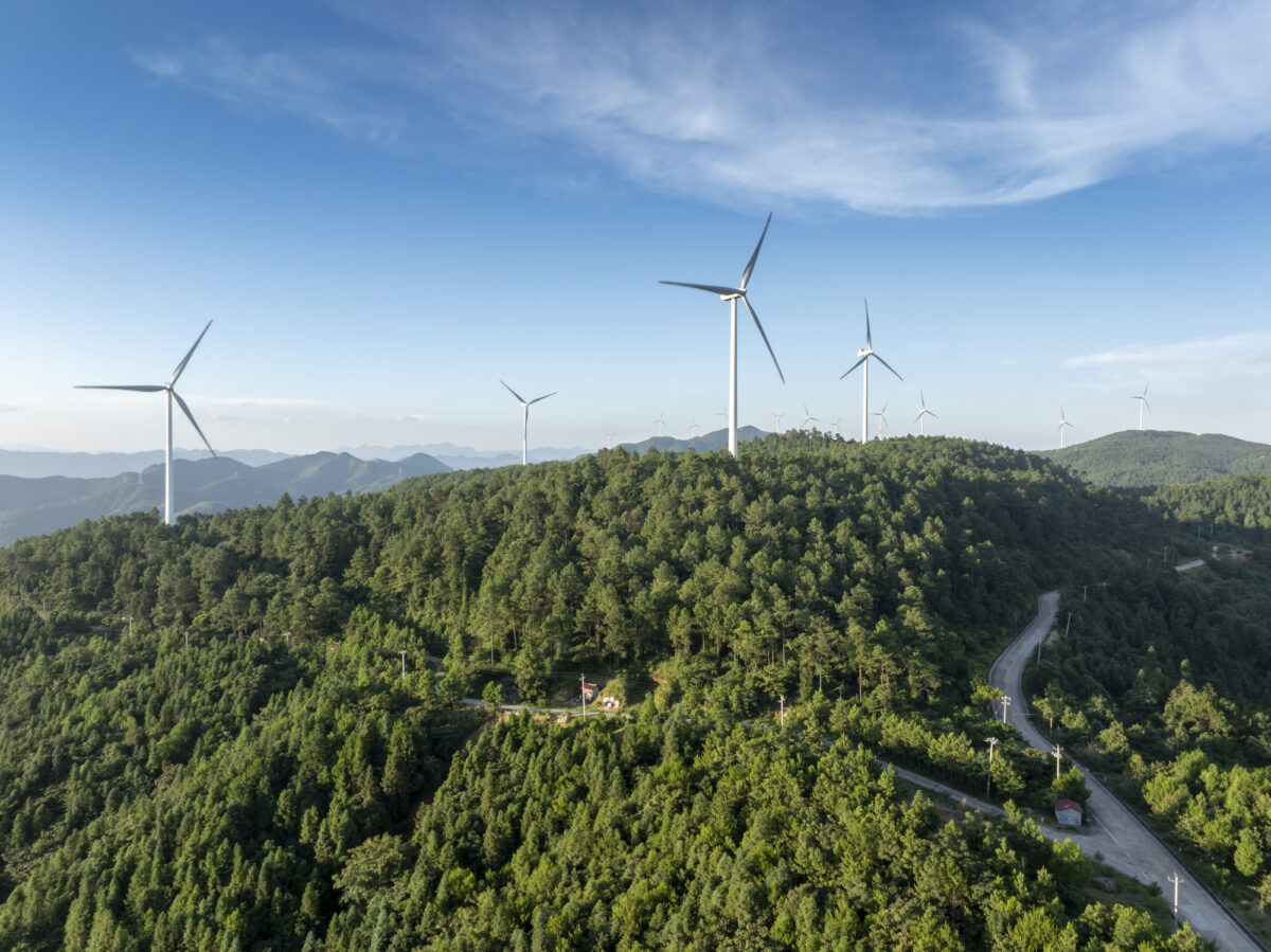 Aerial view of a wind farm on a mountaintop in Fujian Province, China