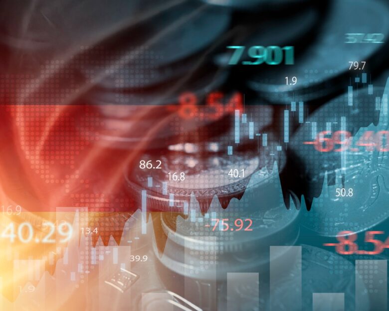 Double exposure of Germany flag on coins stacking and stock market graph chart .It is symbol of Germany high growth economy and investment technology concept.