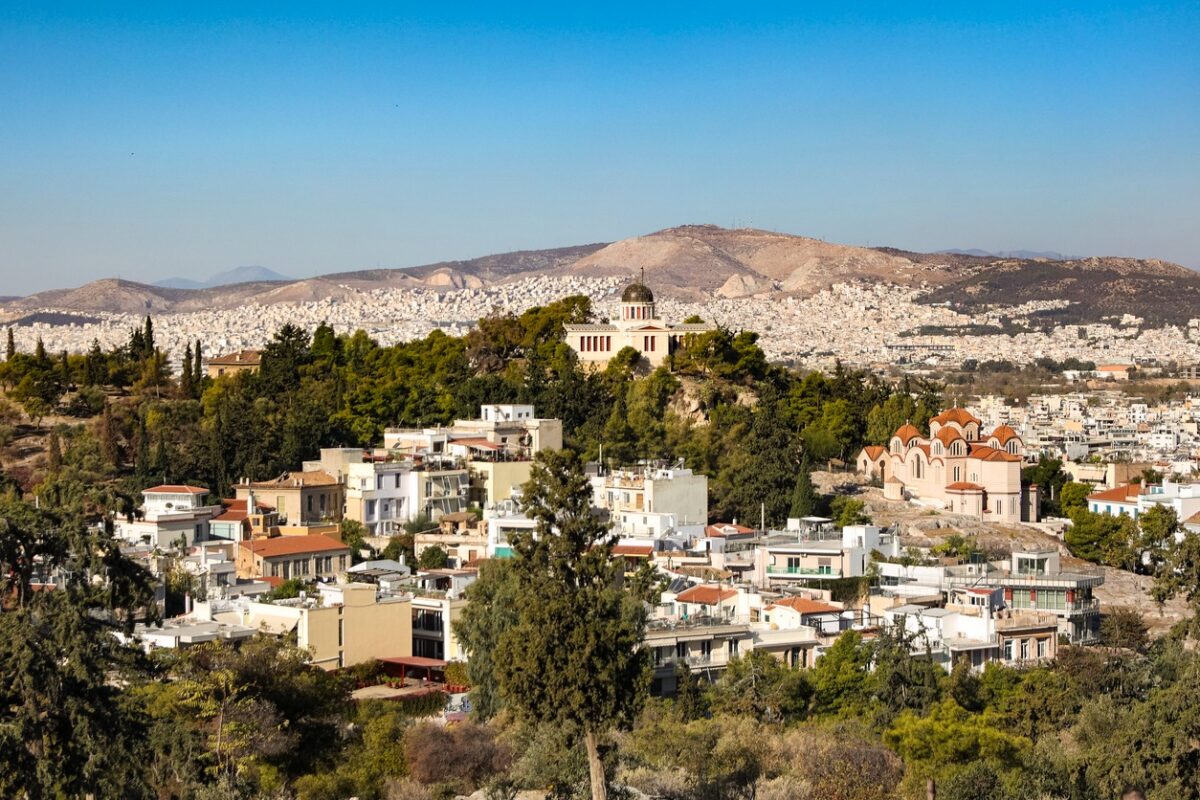 High angle view of National Observatory of Athens (Thissio Visitor Center) and Church of Agia Marina in Athens, Greece