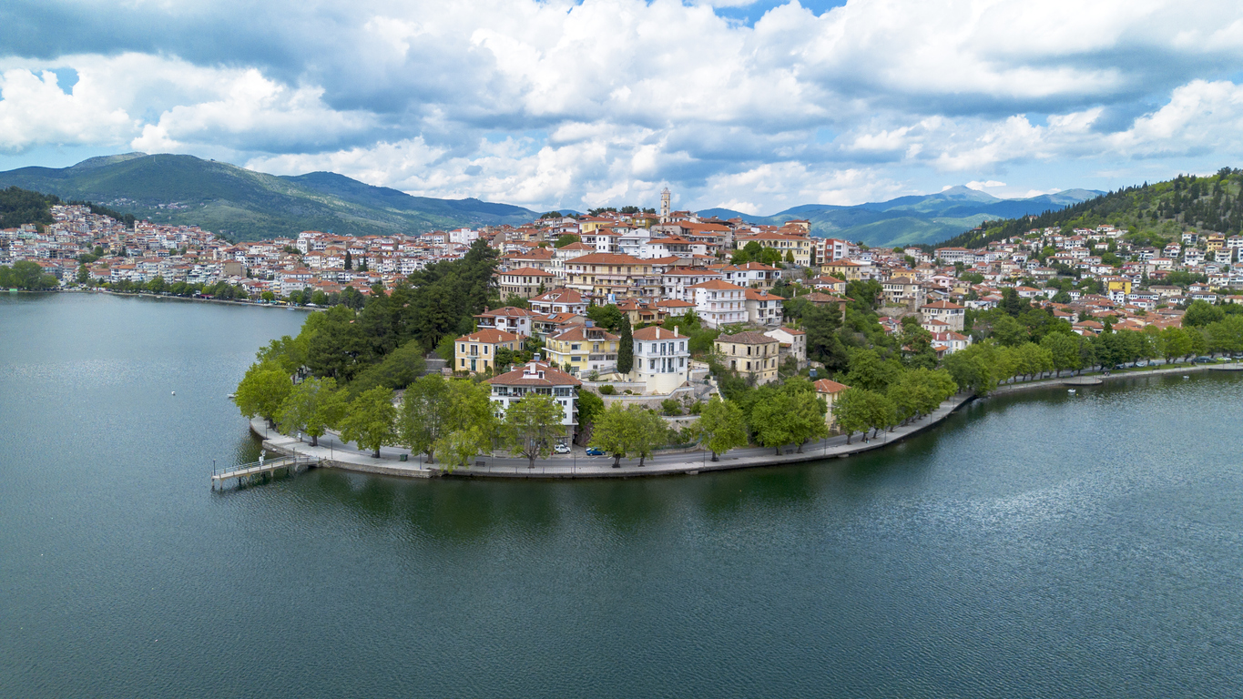 Aerial view of the city of Kastoria and Lake Orestiada in north Greece.