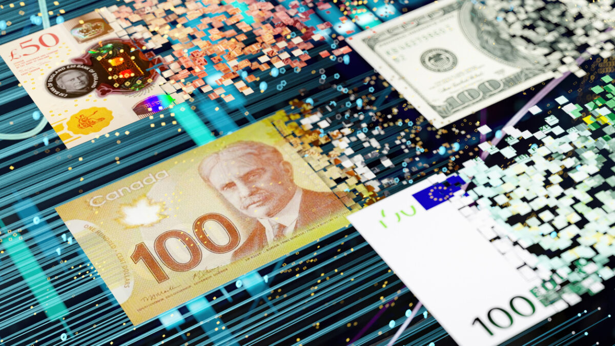 Digital Transformation Concept With Various International Currency Notes. Canadian Dollars, US Dollars, Euro and Pound. 3D Render