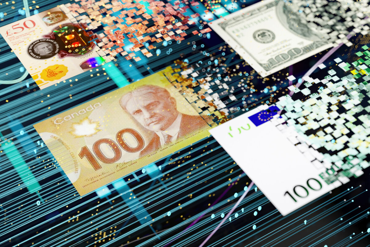 Digital Transformation Concept With Various International Currency Notes. Canadian Dollars, US Dollars, Euro and Pound. 3D Render