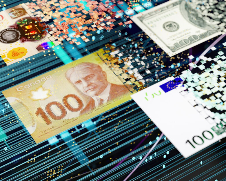 Digital Transformation Concept With Various International Currency Notes. Canadian Dollars, US Dollars, Euro and Pound. 3D Render