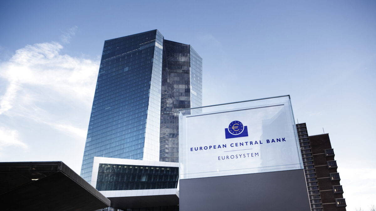 New building of European Central Bank ECB, EZB headquarters at Eastend Frankfurt, Germany a few days before its opening. Entrance and logo in front of the building