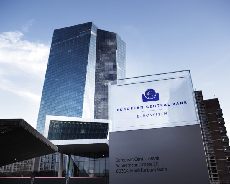 New building of European Central Bank ECB, EZB headquarters at Eastend Frankfurt, Germany a few days before its opening. Entrance and logo in front of the building