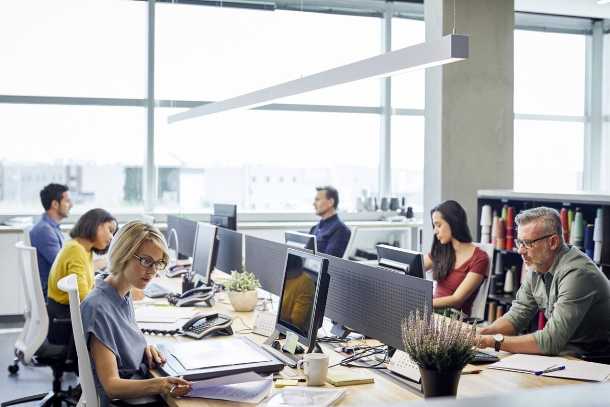Business people working at desk. Male and female professionals are sitting by windows. Colleagues are sitting in textile industry.