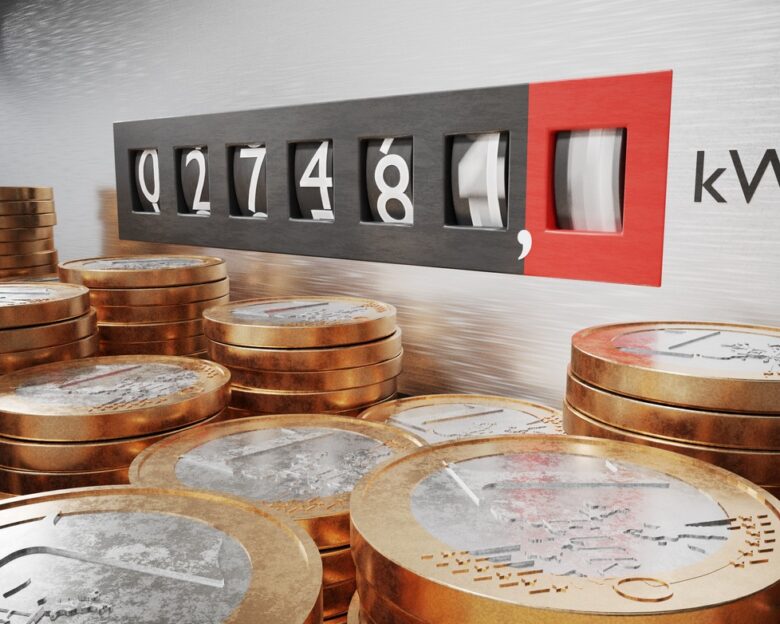 Electrometer is measuring power consumption. Coins in foreground. Expensive electricity concept. 3D rendered illustration.
