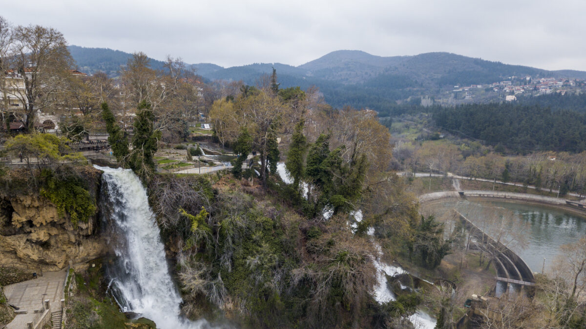 Aerial view of picturesque waterfalls in Edessa town, Greece