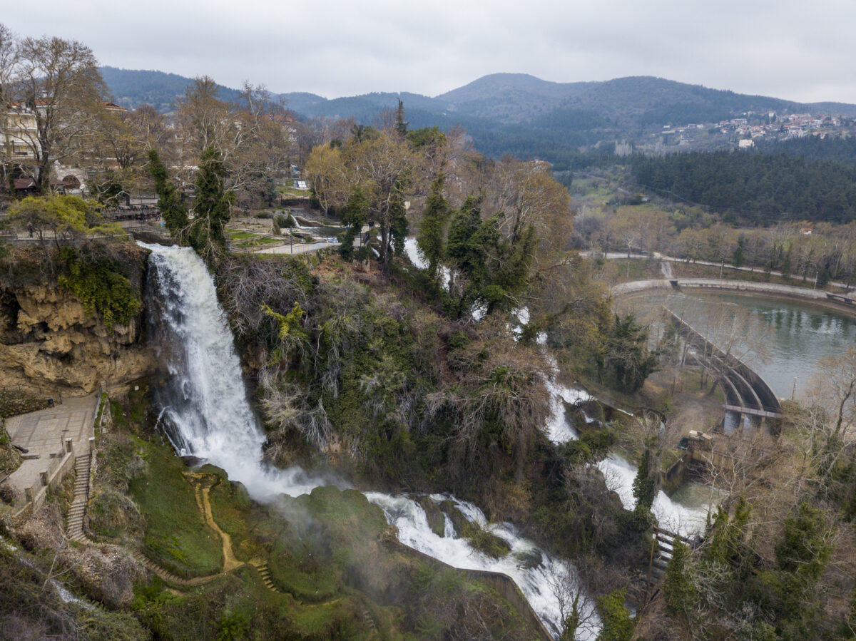 Aerial view of picturesque waterfalls in Edessa town, Greece