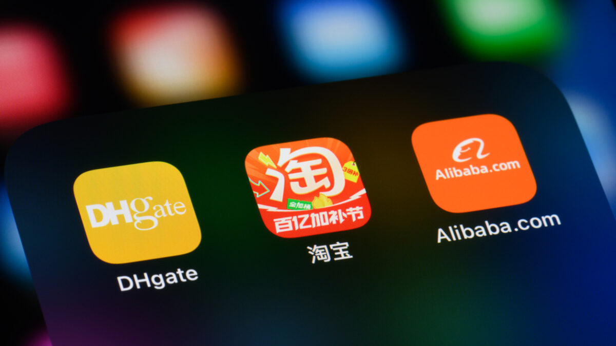Toronto, Canada -  April 18, 2025:  Chinese e-commerce apps on a smartphone - DHgate, Taobao, and Alibaba.