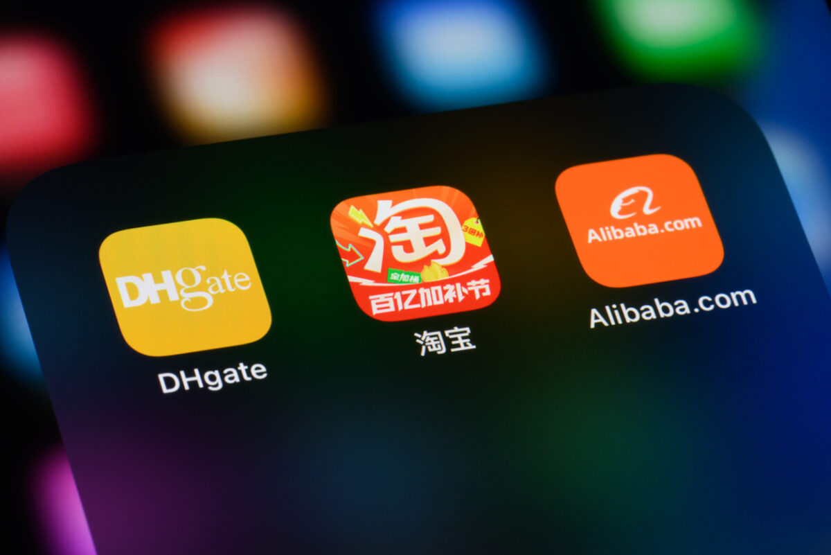 Toronto, Canada -  April 18, 2025:  Chinese e-commerce apps on a smartphone - DHgate, Taobao, and Alibaba.
