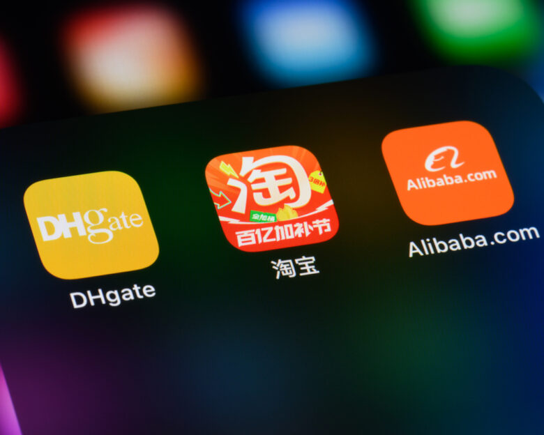 Toronto, Canada -  April 18, 2025:  Chinese e-commerce apps on a smartphone - DHgate, Taobao, and Alibaba.