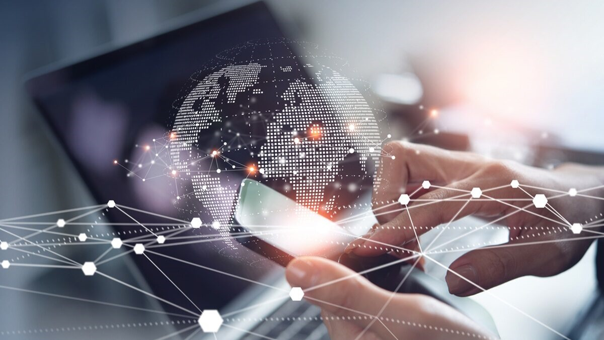 Digital technology, internet network connection, big data, digital marketing IoT internet of things. Woman using mobile phone and laptop computer surfing internet, innovative technology background