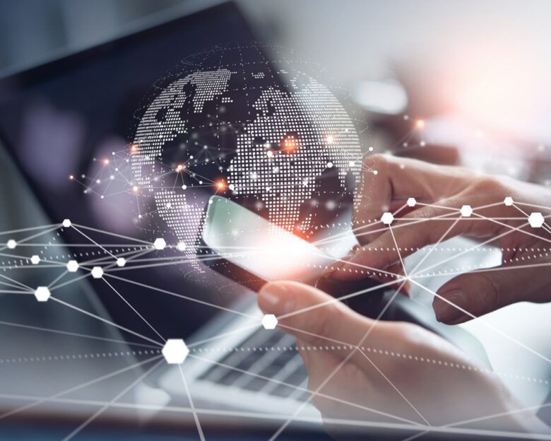 Digital technology, internet network connection, big data, digital marketing IoT internet of things. Woman using mobile phone and laptop computer surfing internet, innovative technology background