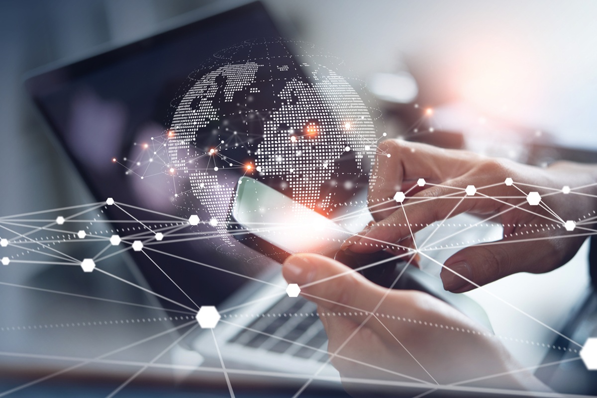 Digital technology, internet network connection, big data, digital marketing IoT internet of things. Woman using mobile phone and laptop computer surfing internet, innovative technology background