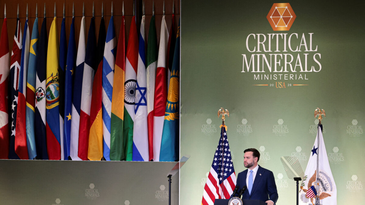 Ο Αντιπρόεδρος των ΗΠΑ Τζέι Ντι Βανς μιλάει κατά τη διάρκεια της υπουργικής συνάντησης για τα κρίσιμα ορυκτά