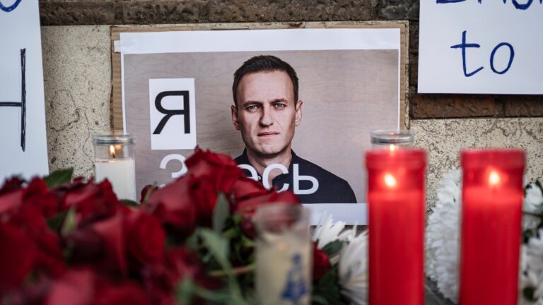 Several flowers and candles next to a photo of Alexei Navalni, during a rally for the death of Alexei Navalni, at the Russian Embassy in Madrid, February 16, 2024, in Madrid, Spain. The Russian opposition leader, Alexei Navalni, has died in a prison in Jarp, in the Arctic Circle, according to the Russian prison authorities themselves. The same sources assure that he has suffered a fainting spell after his daily walk and although the necessary resuscitation procedures were performed, they did not produce any results. Navalni, 47 years old, was serving 30 years in prison for various crimes, and was considered the main opponent of Putin and the Kremlin's policies. FEBRUARY 16;2024 Diego Radamés / Europa Press 02/16/2024 (Europa Press via AP)