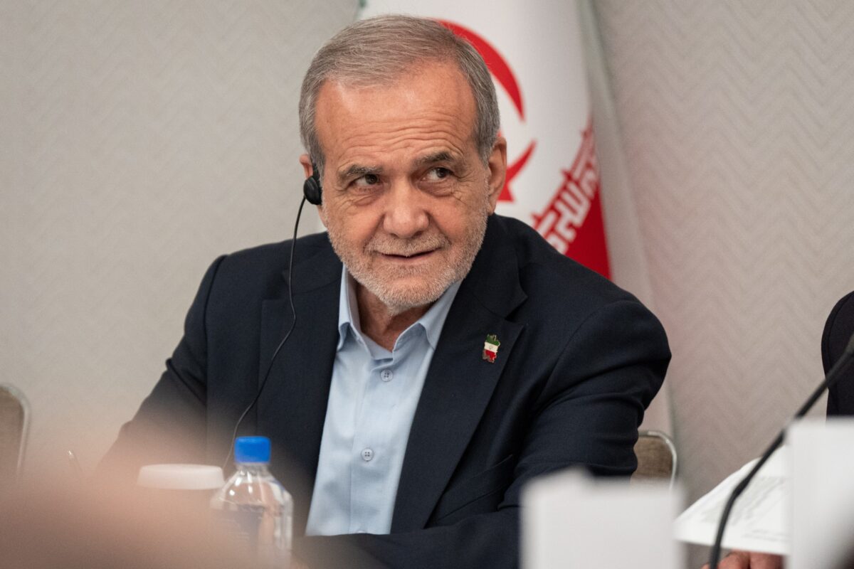 Masoud Pezeshkian, the President of Iran, takes questions from the media at a press briefing in New York, Friday, Sept. 26, 2025. (AP Photo/Angelina Katsanis)