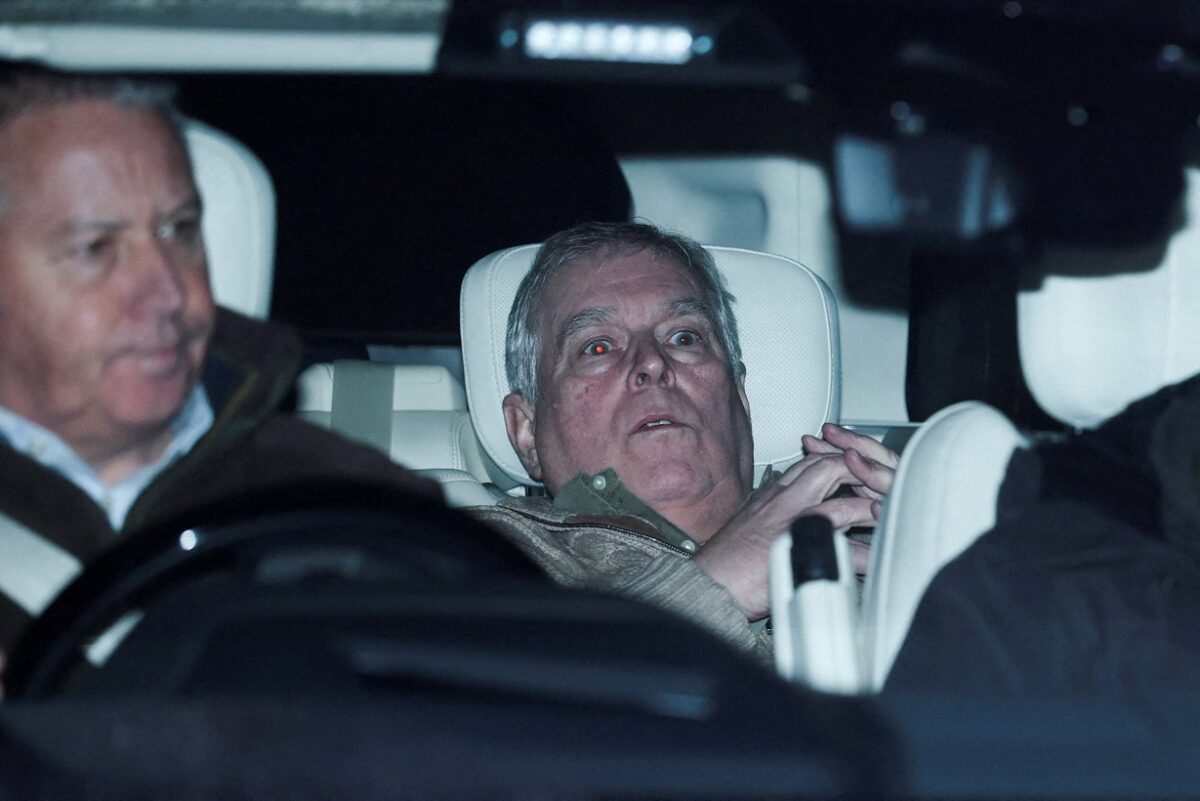 Andrew Mountbatten Windsor, younger brother of Britain’s King Charles, formerly known as Prince Andrew, leaves Aylsham Police Station on a vehicle, on the day he was arrested on suspicion of misconduct in public office, after the U.S. Justice Department released more records tied to the late financier and convicted sex offender Jeffrey Epstein, in Aylsham, Britain, February 19, 2026. REUTERS