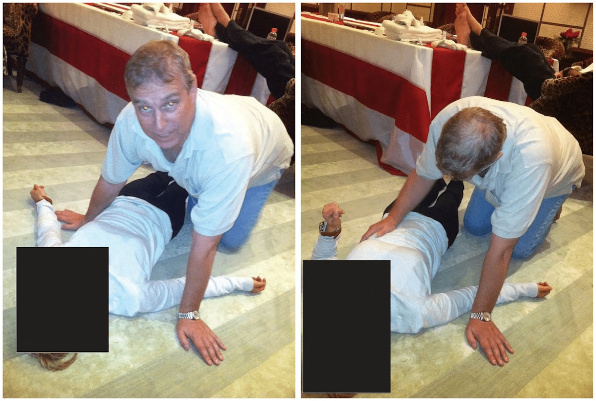 Ο πρίγκιπας Άντριου της Βρετανίας γονατίζει πάνω από μια γυναίκα σε μια σειρά εικόνων που δημοσιεύθηκαν από το Υπουργείο Δικαιοσύνης στην Ουάσινγκτον, ως μέρος μιας νέας συλλογής εγγράφων από τις έρευνές του για τον αποθανόντα χρηματοδότη και καταδικασμένο Τζέφρι Επστάιν