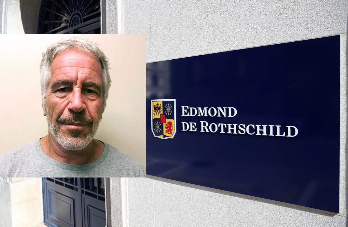 Το λογότυπο της τράπεζας Edmond de Rothschild στη Γενεύη της Ελβετίας και ο Τζέφρι Επστάιν
