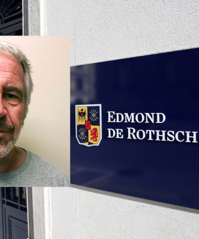 Το λογότυπο της τράπεζας Edmond de Rothschild στη Γενεύη της Ελβετίας και ο Τζέφρι Επστάιν